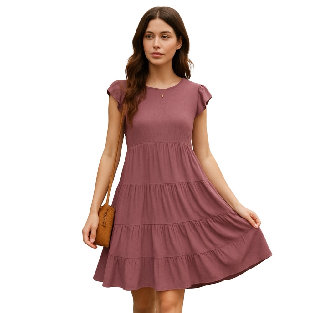 Casual Tiered Mini Dress in Mauve Pink
